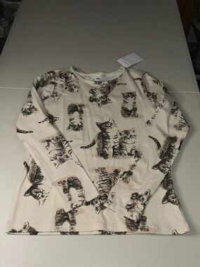 H&M Cream Long Sleeve Top with Brown Kitten Print